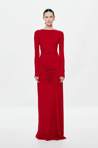 Misha Glacier Cupro Long Sleeve Maxi Dress - Cherry