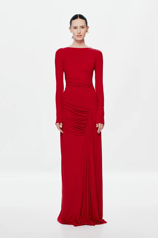 Misha Glacier Cupro Long Sleeve Maxi Dress - Cherry